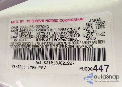 2003 Mitsubishi Montero Sport Xls из США, поврежденный, VIN JA4LS31R13J021227